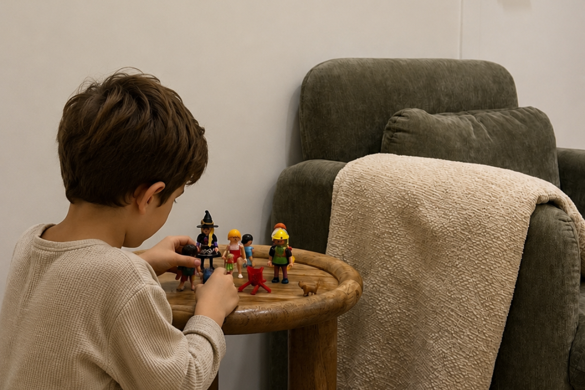 Niño jugando con pequeñas figuras durante una sesión de psicología infantil