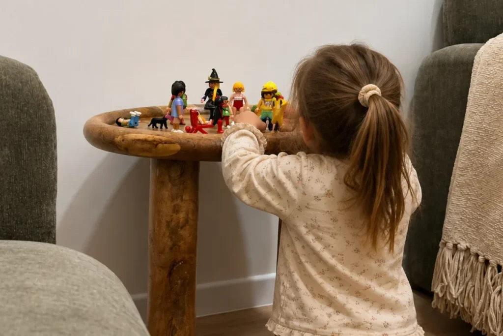 Niña jugando con figuras de personajes sobre una mesa de madera en un espacio de psicología infantil.