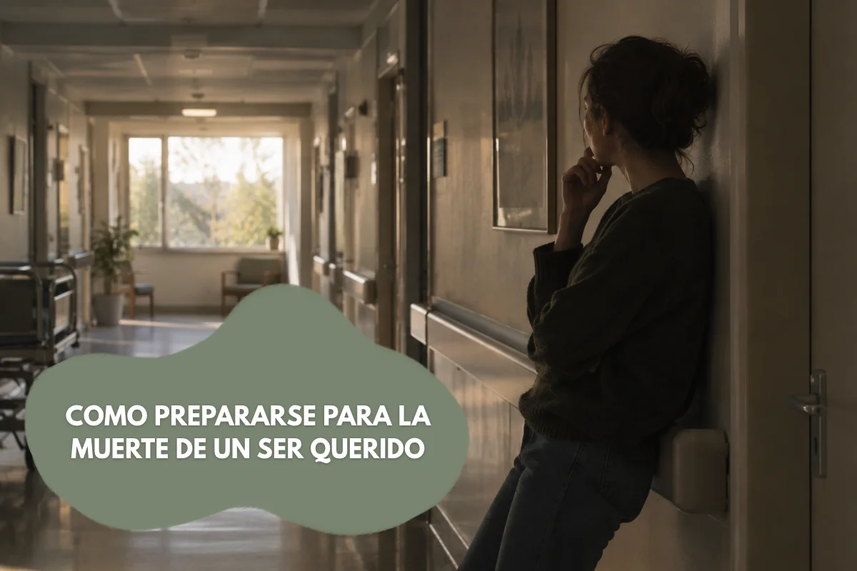 Mujer apoyada en la pared de un pasillo de hospital, con actitud pensativa, en una imagen sobre cómo prepararse para la muerte de un ser querido.