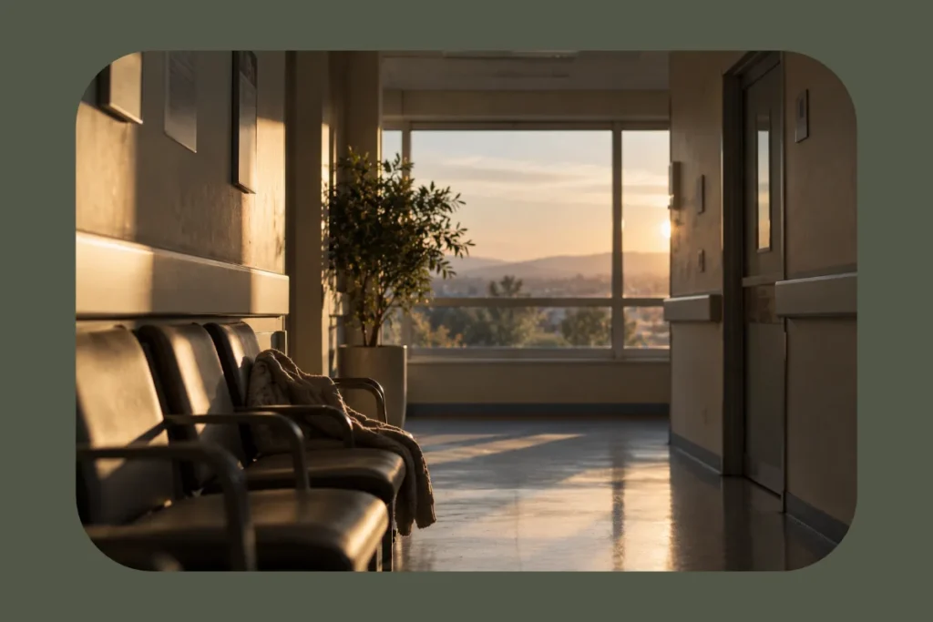 Sala de espera de un hospital vacía, iluminada por el atardecer, que representa la incertidumbre ante la posible pérdida de un ser querido.