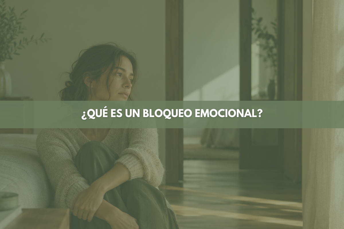 Mujer sentada en un sofá con las piernas recogidas y la mirada perdida hacia una ventana, representando un bloqueo emocional.