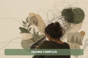 Ilustración sobre el trauma complejo con una mujer de espaldas rodeada de trazos que representan experiencias emocionales difíciles.