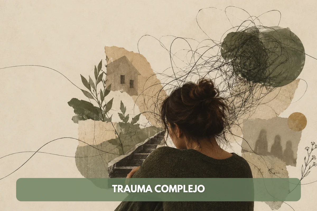 Ilustración sobre el trauma complejo con una mujer de espaldas rodeada de trazos que representan experiencias emocionales difíciles.